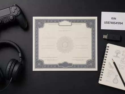 Flatlay-Arrangement zeigt Aktienzertifikat und ISIN-Karte für Take-Two Interactive US8740541094 neben Controller und Kopfhörer - Foto: THN
