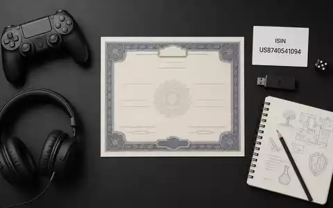 Flatlay-Arrangement zeigt Aktienzertifikat und ISIN-Karte fĂŒr Take-Two Interactive US8740541094 neben Controller und Kopfhörer - Foto: THN