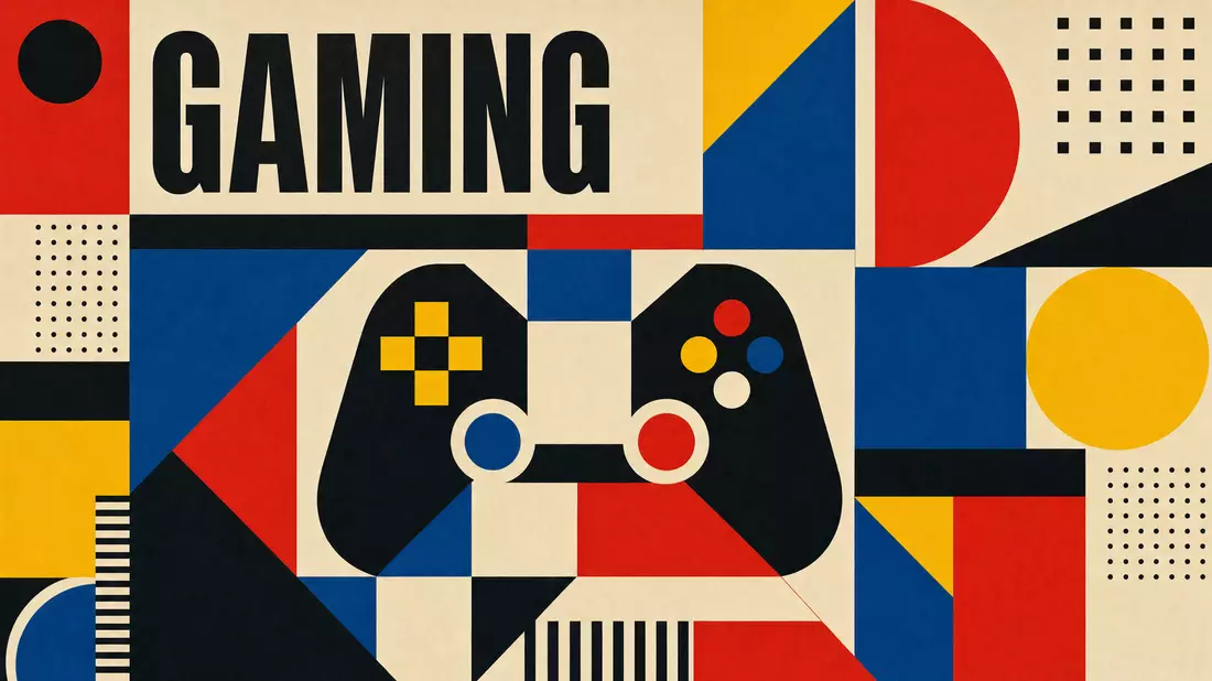 Geometrisches Bauhaus-Poster mit abstraktem Controller und dem Wort GAMING
