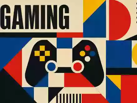 Bauhaus-Poster mit geometrischen Formen und Text GAMING illustriert Take-Two Interactive US8740541094 im modernistischen Grafikdesign-Stil - Foto: THN