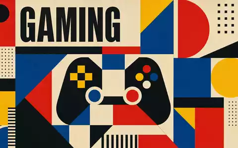 Bauhaus-Poster mit geometrischen Formen und Text GAMING illustriert Take-Two Interactive US8740541094 im modernistischen Grafikdesign-Stil - Foto: THN