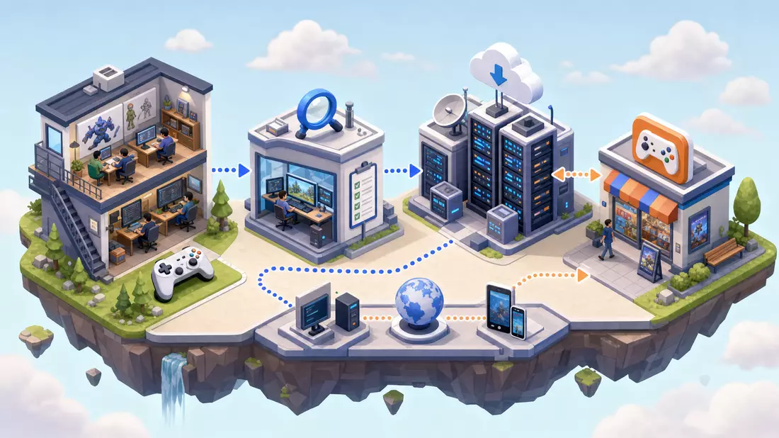 Isometrische 3D-Illustration einer Wertschöpfungskette der Spieleindustrie