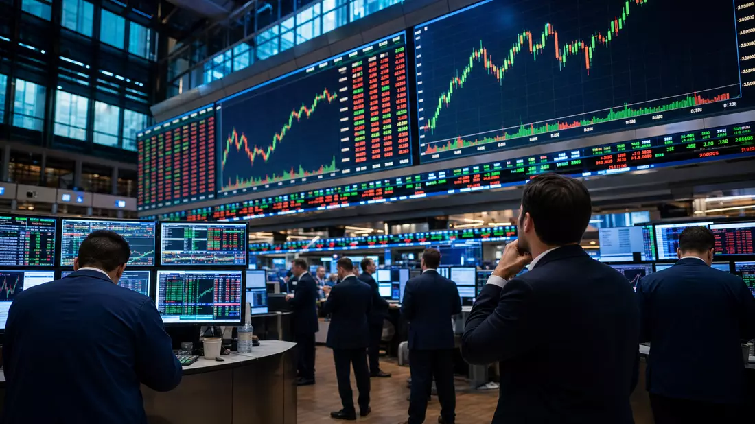 Editorial-Foto eines Trading-Floors mit Börsenkursen auf großen Bildschirmen