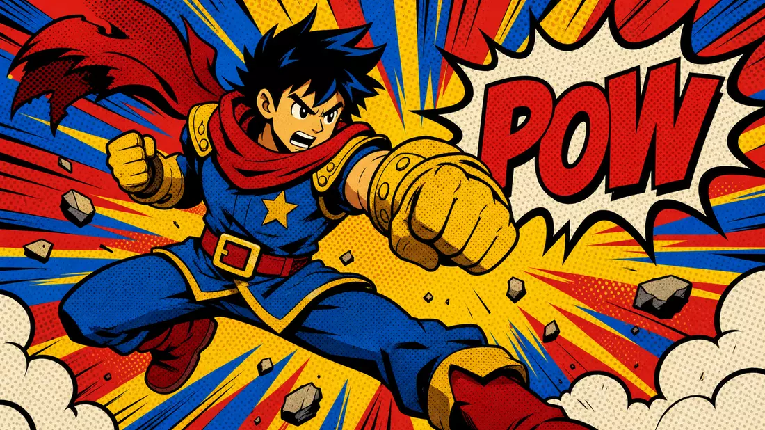 Buntes Pop-Art-Comicbild einer fiktiven Videospielfigur in Actionpose