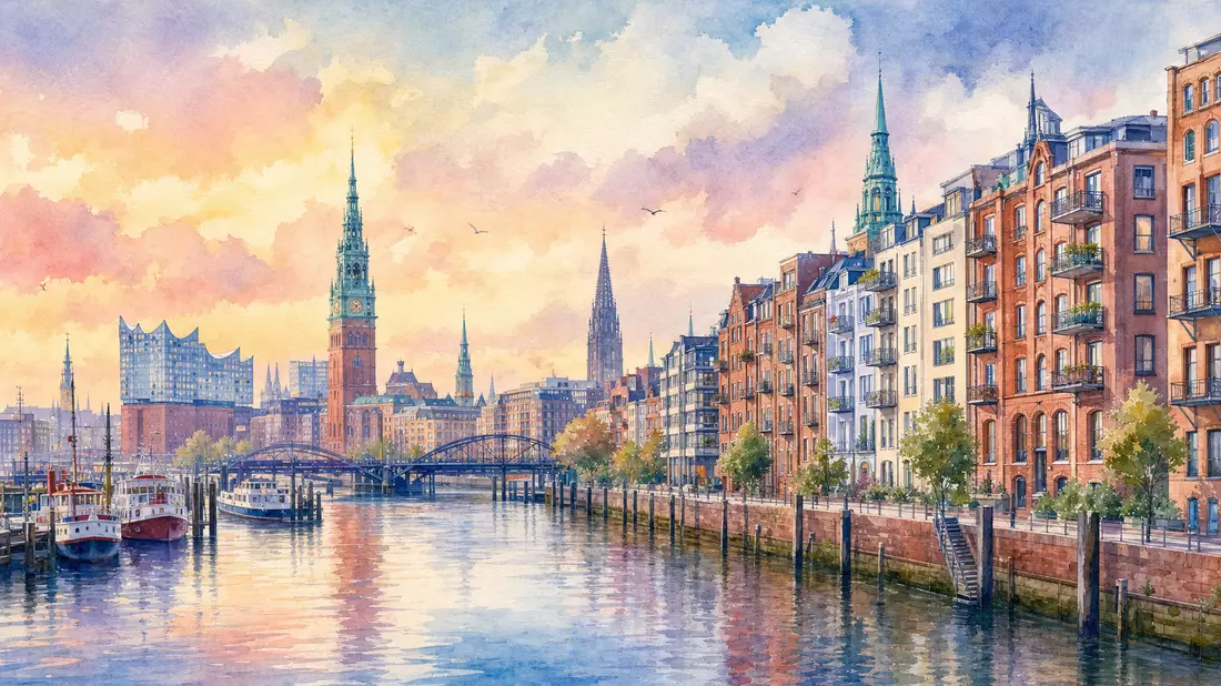 Aquarellmalerei der Hamburger Skyline mit Hafen und Wohnhäusern am Kanal