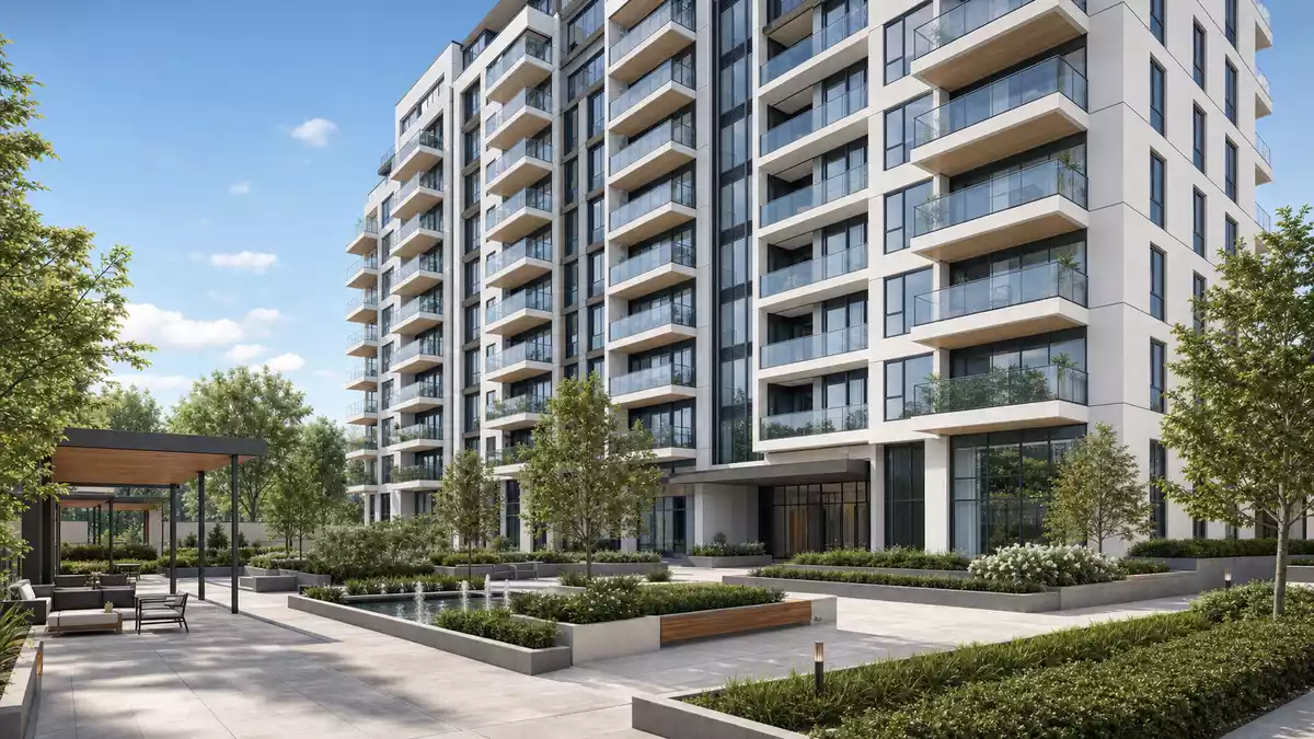 3D-Architekturrender eines modernen Wohnturms mit Glasbalkonen und Grünanlage