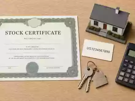 TAG Immobilien AG (DE0008303504) symbolisiert Flatlay mit Aktienzertifikat, ISIN-Karte, Modellhaus, Schlüsseln und Taschenrechner - Foto: THN