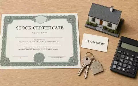 TAG Immobilien AG (DE0008303504) symbolisiert Flatlay mit Aktienzertifikat, ISIN-Karte, Modellhaus, Schlüsseln und Taschenrechner - Foto: THN
