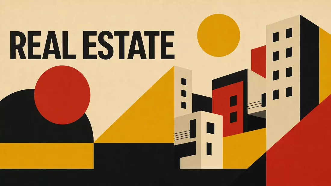 Geometrisches Bauhaus-Poster mit Formen und Schriftzug REAL ESTATE