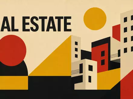 TAG Immobilien AG (DE0008303504) im Bauhaus-Poster-Stil mit geometrischen Formen und Schriftzug REAL ESTATE dargestellt - Foto: THN