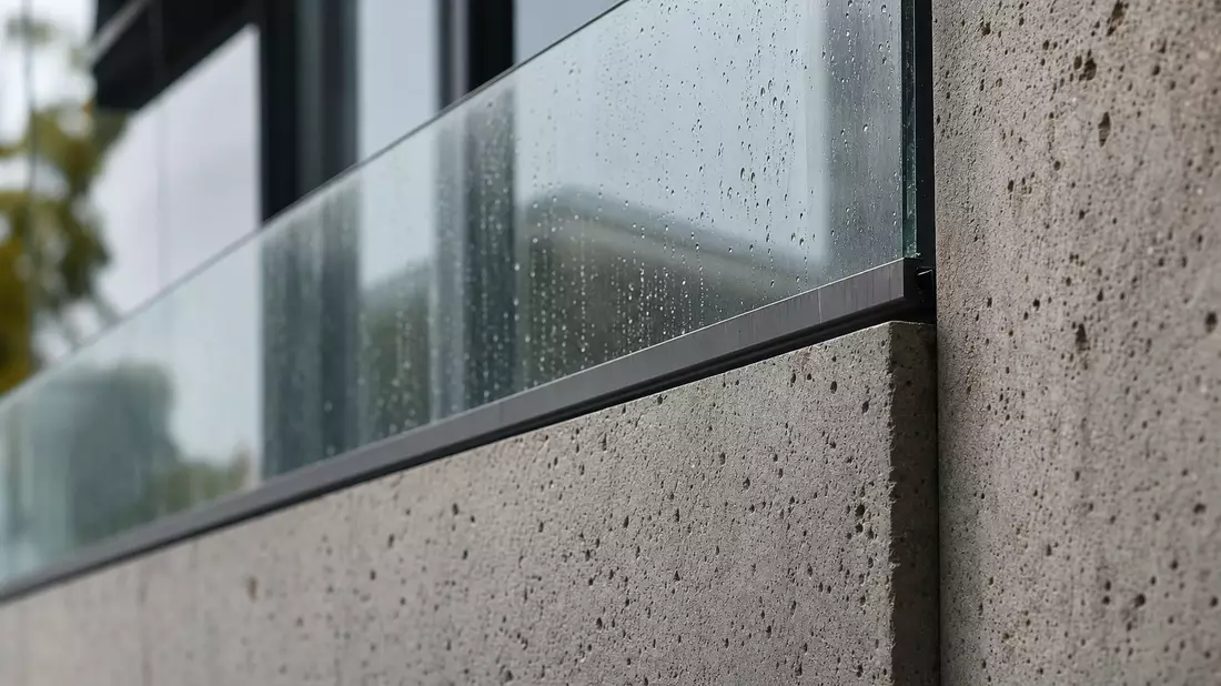 Makroaufnahme von Betonfassade und Glasgeländer mit Regentropfen