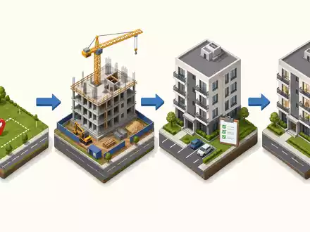 TAG Immobilien AG (DE0008303504) veranschaulicht Wertschöpfungskette isometrisch: Grundstück, Bau, Verwaltung und Vermietung - Foto: THN