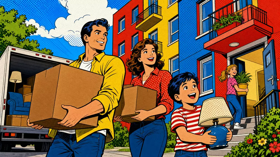 Pop-Art-Comic einer fröhlichen Familie beim Einzug in buntes Wohnhaus