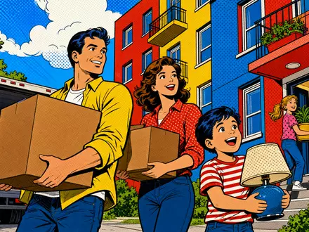 TAG Immobilien AG (DE0008303504) feiert Umzugstag: bunte Pop-Art-Comic-Szene einer fröhlichen Familie vor Wohnhaus - Foto: THN