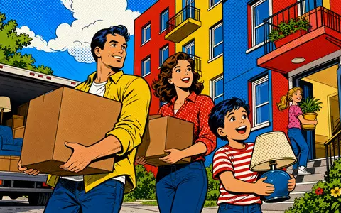 TAG Immobilien AG (DE0008303504) feiert Umzugstag: bunte Pop-Art-Comic-Szene einer fröhlichen Familie vor Wohnhaus - Foto: THN
