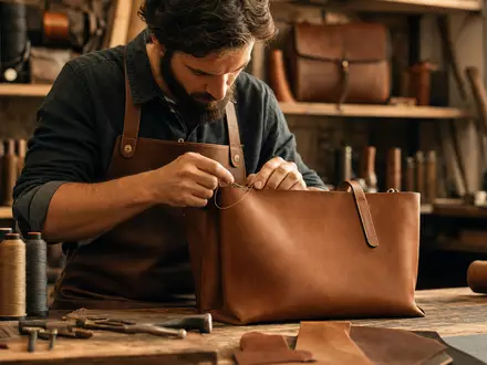 Fotorealistische Werkstattszene zeigt Handwerker beim Nähen einer Ledertasche für Tapestry Inc. US8760301072 Aktienanleger - Foto: THN