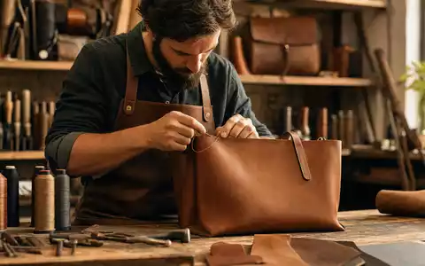 Fotorealistische Werkstattszene zeigt Handwerker beim Nähen einer Ledertasche für Tapestry Inc. US8760301072 Aktienanleger - Foto: THN