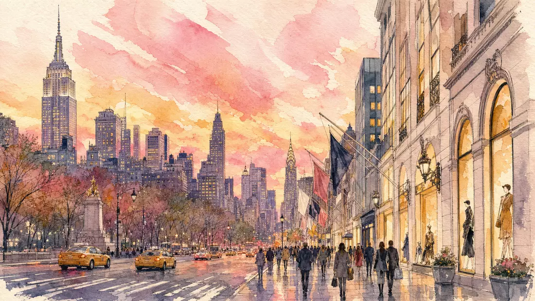 Zartes Aquarell der New Yorker Skyline mit eleganter Einkaufsstraße bei Sonnenuntergang