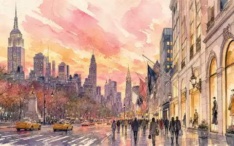 Aquarellmalerei zeigt New Yorker Skyline und Luxus-Einkaufsstraße passend zu Tapestry Inc. US8760301072 Unternehmensstandort - Foto: THN