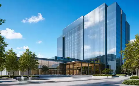 Architektur-Rendering eines modernen Glasturms symbolisiert Unternehmenszentrale von Tapestry Inc. US8760301072 im Luxusgütersektor - Foto: THN