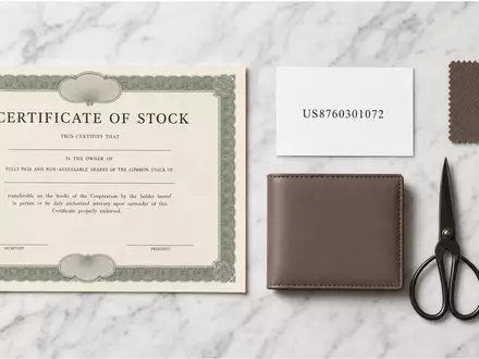 Flatlay-Arrangement mit Aktienzertifikat und ISIN-Karte US8760301072 repräsentiert Investment in Tapestry Inc. Lederwarenbranche - Foto: THN