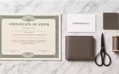 Flatlay-Arrangement mit Aktienzertifikat und ISIN-Karte US8760301072 repräsentiert Investment in Tapestry Inc. Lederwarenbranche - Foto: THN