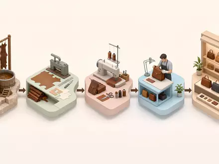Isometrische 3D-Illustration zeigt Wertschöpfungskette der Lederwarenherstellung passend zu Tapestry Inc. US8760301072 Geschäftsmodell - Foto: THN