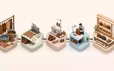 Isometrische 3D-Illustration zeigt Wertschöpfungskette der Lederwarenherstellung passend zu Tapestry Inc. US8760301072 Geschäftsmodell - Foto: THN