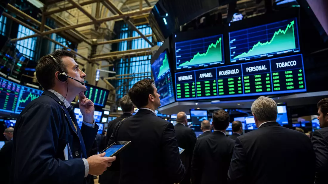 Trader an der New Yorker Börse beobachten Kursbildschirme mit Konsumgütersektor-Daten