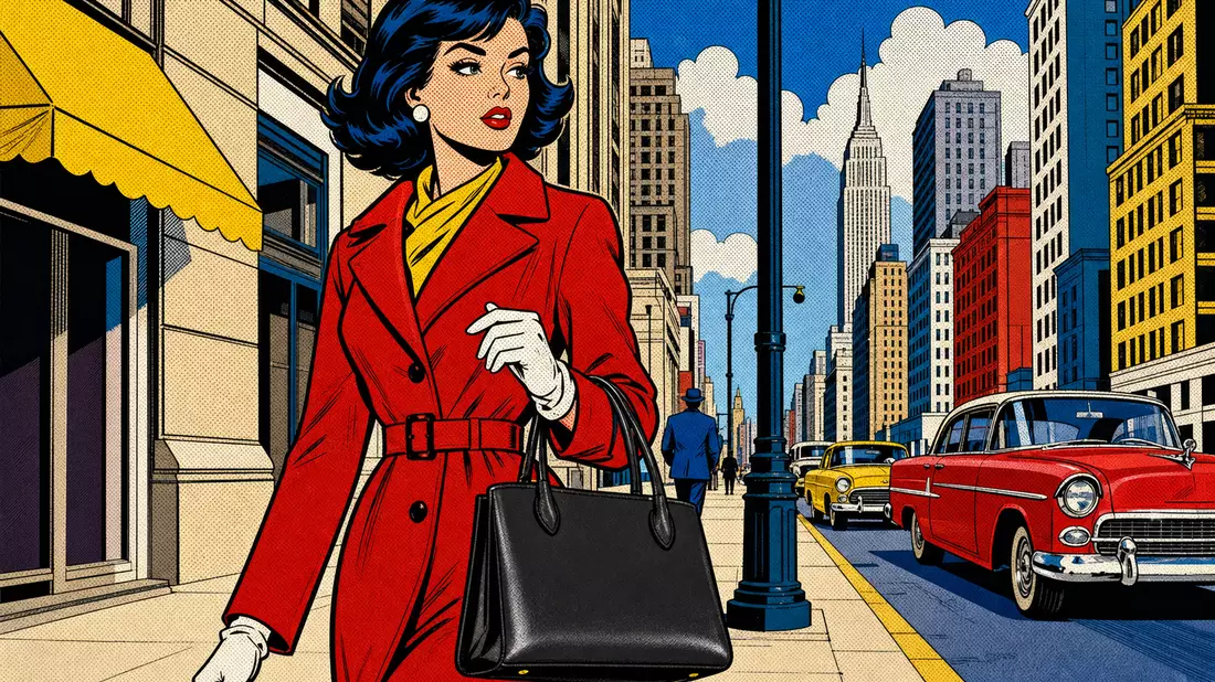 Pop-Art-Comicfigur trägt schwarze unbedruckte Handtasche auf lebhafter Stadtstraße