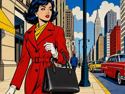 Farbenfrohe Pop-Art-Comicszene zeigt Frau mit unbedruckter Ledertasche als kreative Anspielung auf Tapestry Inc. US8760301072 - Foto: THN