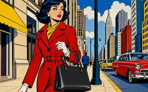 Farbenfrohe Pop-Art-Comicszene zeigt Frau mit unbedruckter Ledertasche als kreative Anspielung auf Tapestry Inc. US8760301072 - Foto: THN