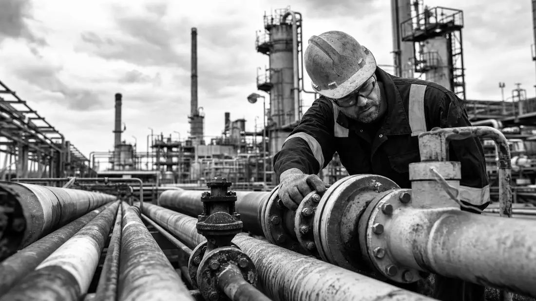 Schwarzweiß-Reportagefoto eines Arbeiters bei der Pipeline-Inspektion in einer Raffinerie