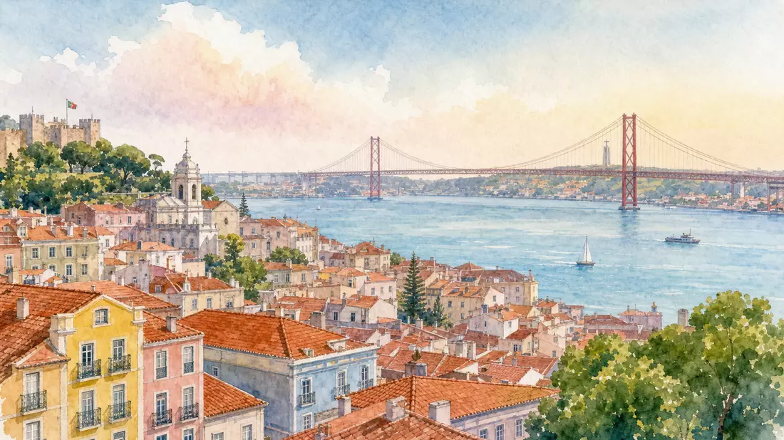 Aquarellmalerei der Lissabonner Skyline mit Tejo-Fluss und Hängebrücke im Hintergrund