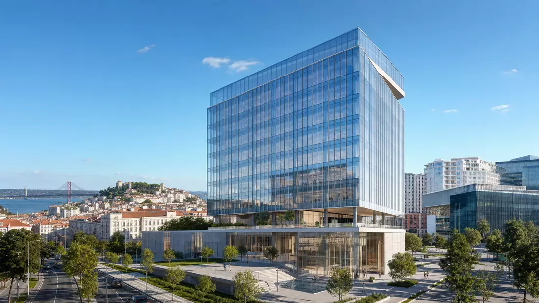 Architektonisches Render eines modernen Glasbürohochhauses in der Skyline von Lissabon