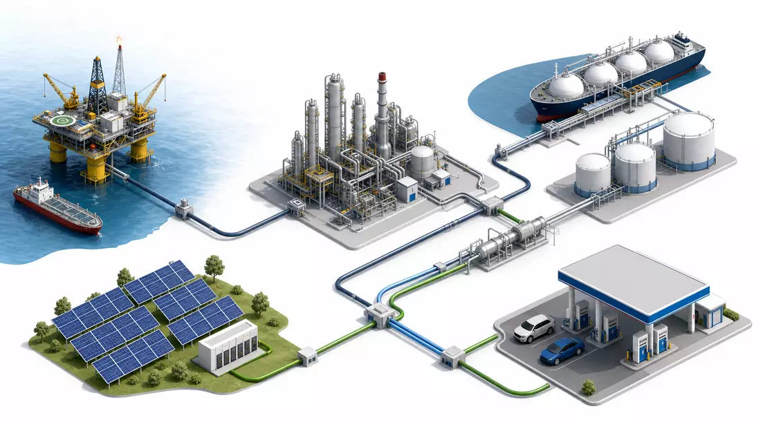 Isometrisches 3D-Diagramm der Energie-Wertschöpfungskette von Bohrplattform bis Tankstelle
