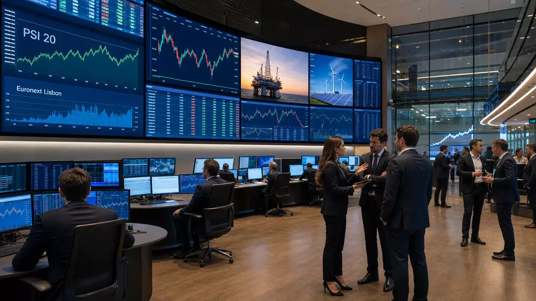 Editorial-Foto eines Trading Floors mit PSI 20 Charts und Euronext Lisbon Anzeige