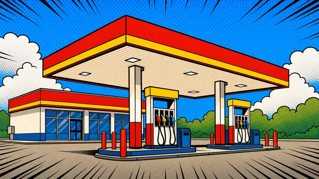 Pop-Art-Comic-Illustration einer bunten generischen Tankstelle mit unbeschrifteten Zapfsäulen