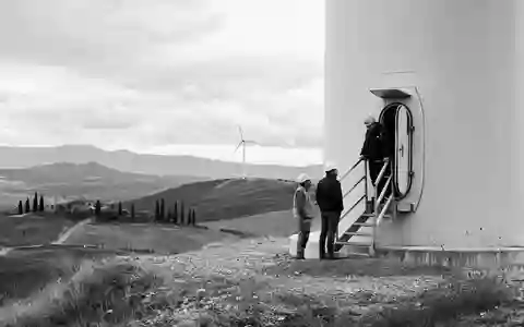SchwarzweiĂź-Reportage von Technikern an Windturbine zeigt ERG S.p.A. IT0001157020 und italienische Windenergie-Infrastruktur dokumentarisch - Foto: THN