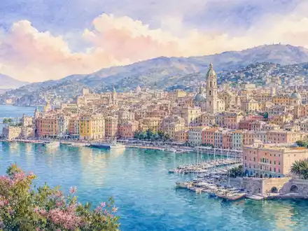 Aquarellmalerei von Genua zeigt Hafen und Küste, verbunden mit ERG S.p.A. IT0001157020 in Ligurien - Foto: THN