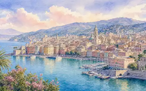 Aquarellmalerei von Genua zeigt Hafen und Küste, verbunden mit ERG S.p.A. IT0001157020 in Ligurien - Foto: THN