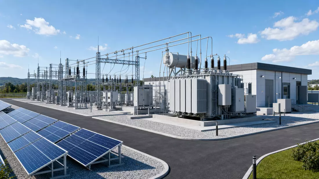 Modernes Umspannwerk mit Solarpanelen im Render-Stil, ERG S.p.A. Energieinfrastruktur