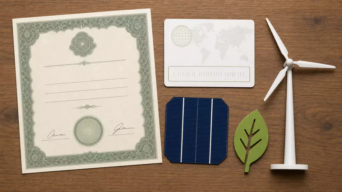 Flatlay mit Aktienzertifikat, ISIN-Karte und Mini-Windrad, ERG S.p.A. Investmentsymbol