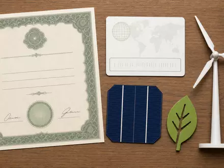 Flatlay mit Aktienzertifikat, ISIN-Karte und Windturbinen-Modell repräsentiert die Aktie von ERG S.p.A. IT0001157020 - Foto: THN