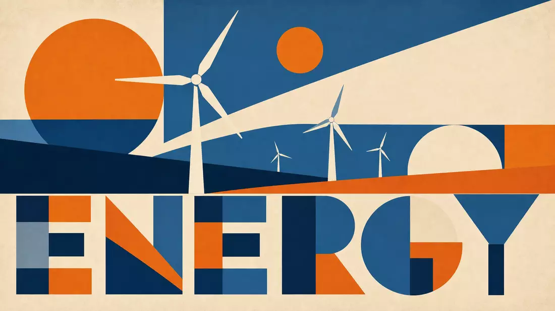 Bauhaus-Poster mit Windrad-Motiven und Schriftzug ENERGY, ERG S.p.A. Branchensymbolik