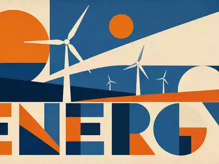 Geometrisches Bauhaus-Poster mit Windturbinen und Sonne symbolisiert Energiesektor von ERG S.p.A. IT0001157020 modern stilisiert - Foto: THN