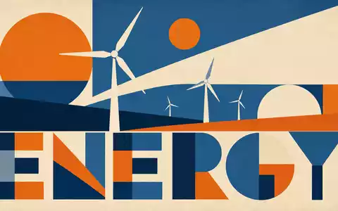 Geometrisches Bauhaus-Poster mit Windturbinen und Sonne symbolisiert Energiesektor von ERG S.p.A. IT0001157020 modern stilisiert - Foto: THN