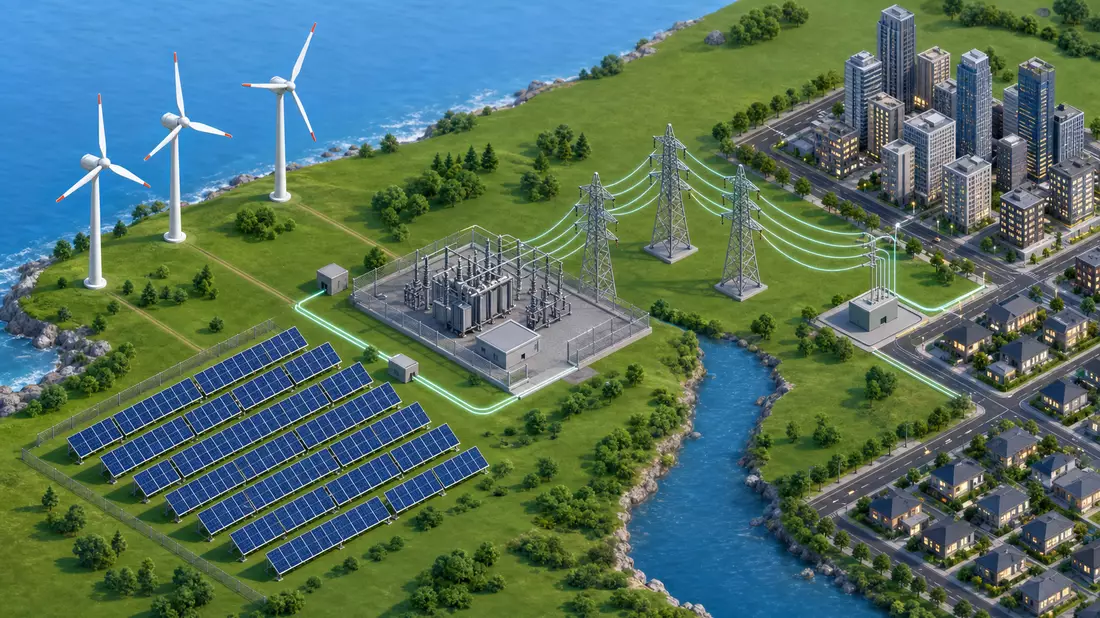 Isometrische 3D-Grafik Energie-Wertschöpfungskette, ERG S.p.A. Wind-Solar-Netz