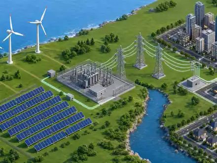 Isometrisches 3D-Diagramm zeigt Wertschöpfungskette von Wind, Solar und Netz, passend zu ERG S.p.A. IT0001157020 - Foto: THN