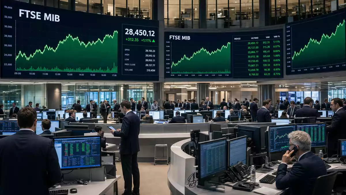 Trading-Floor mit FTSE-MIB-Kurstafeln und Charts, ERG S.p.A. Borsa Italiana Umfeld